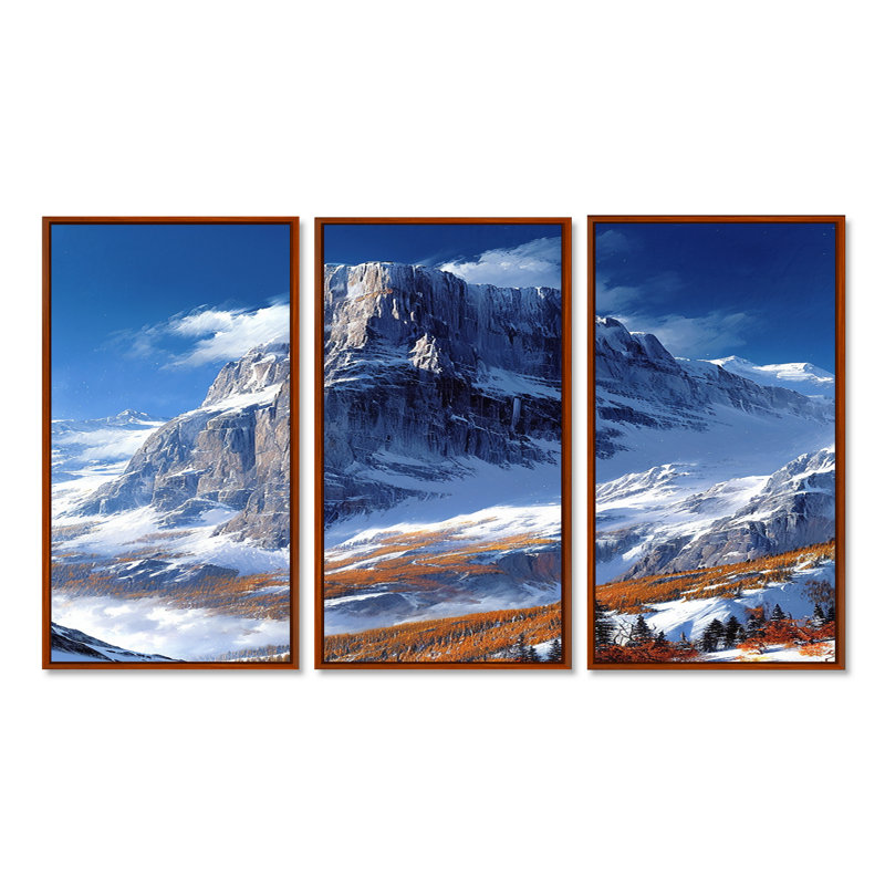 «Snowy Mountain Top - Winter Mountains», ensemble d'art mural, Cadre flottant brun, H 40 po x l 60 po x P 1 po