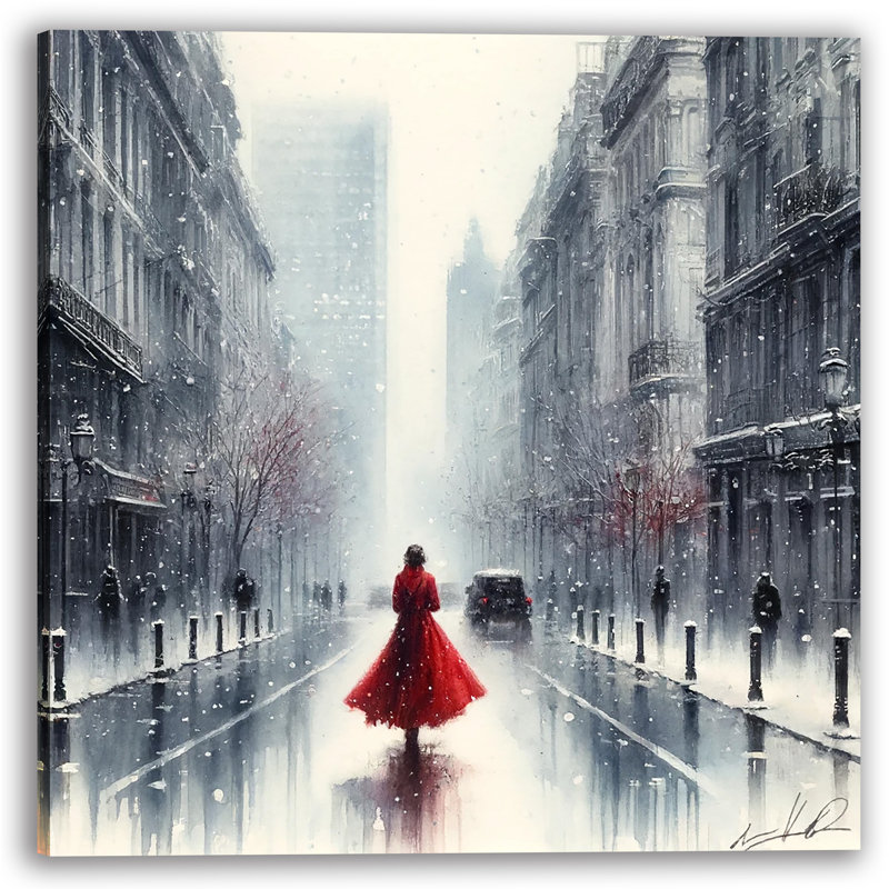 «Crimson Solitude in Snowy Cityscape», reproduction sur toile sans cadre, H 20 po x l 20 po x P 1,5 po
