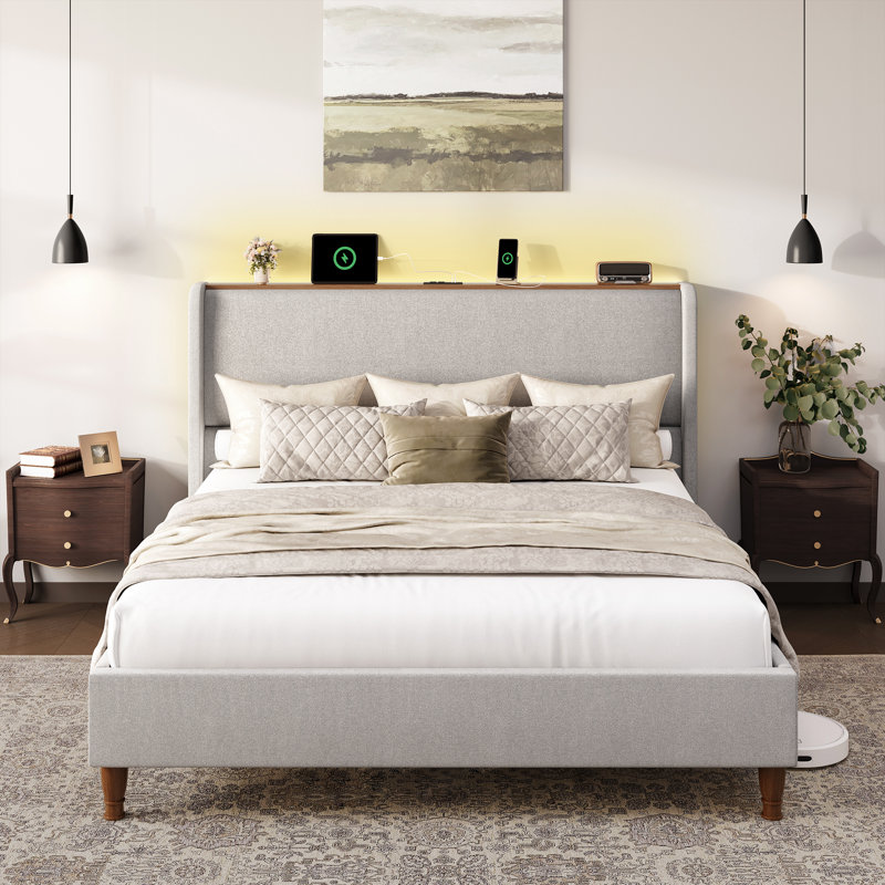 Linen Upholstered Platform Bed Frame With Led Lights And Charging Station, Tall Wingback Headboard And Storage Shelf, Queen