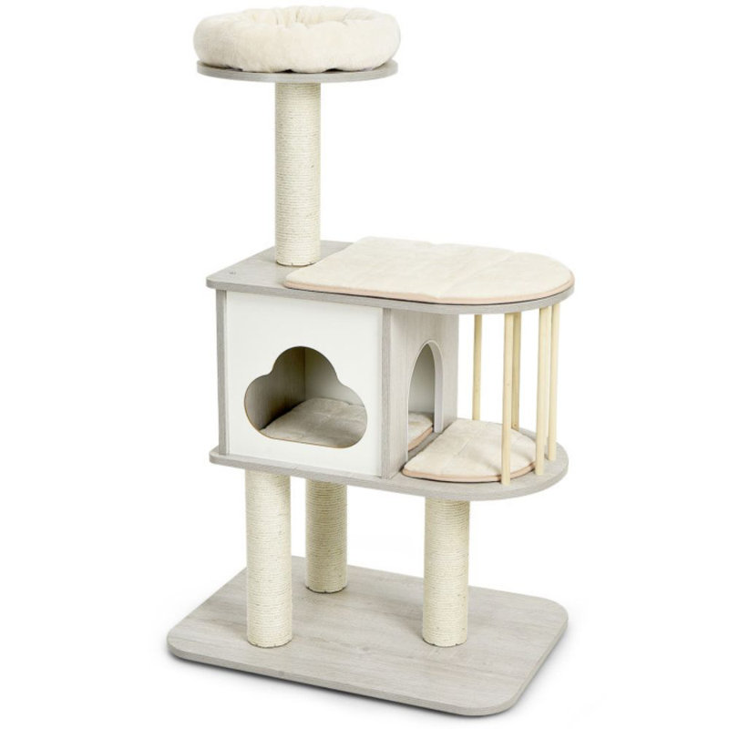 46'' Gray Wooden Cat Tree with Sisal Posts and Cushions