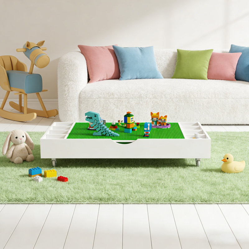 Table de jeu et organisateur de jouets 2-en-1 compatible Lego | Rangement blanc sous le lit (38 po x 18,7 po x 5,9 po)