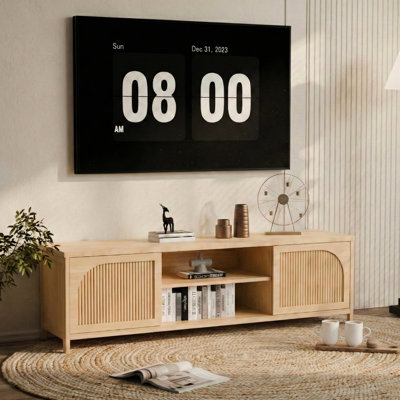 Tv Cabinet With 2 - Tier Open Shelf And Inner Shelves Setup, Wide Tabletop For Bathroom Storage Of Cosmetics Towels, Magnetic Door Catch Firm Easy Usage, 63 In Deep, 15.3 Wide, 19 Tall, 50 Lb