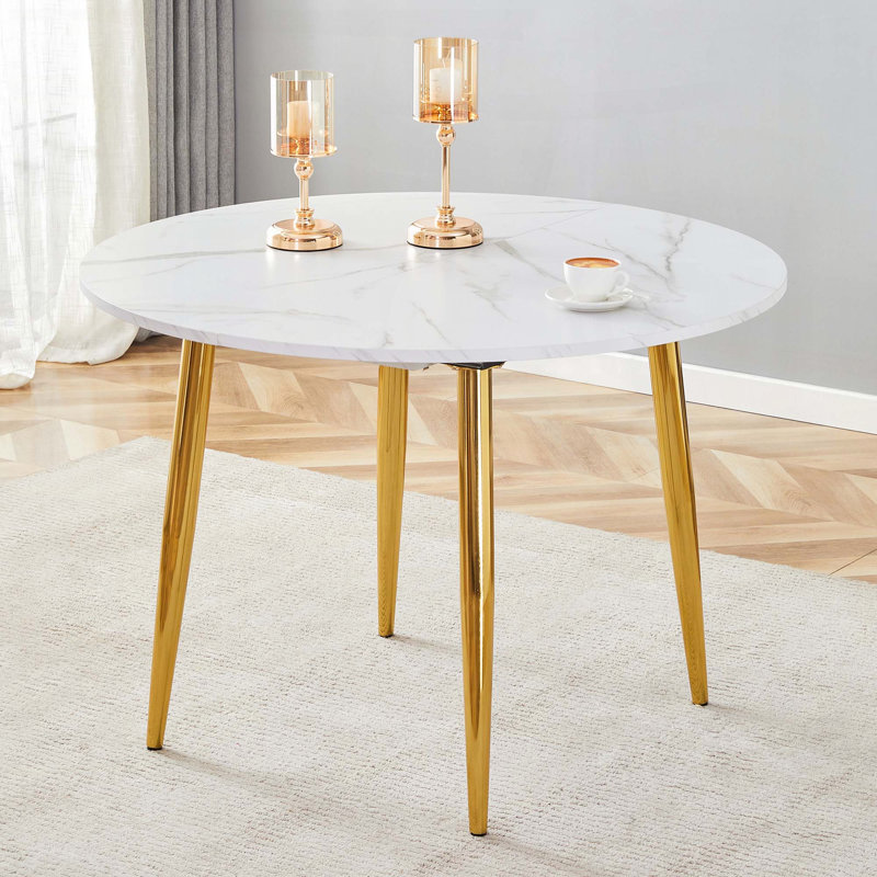 Table de salle à manger ronde extensible avec plateau en panneau de fibres à densité moyenne blanc et pieds dorés