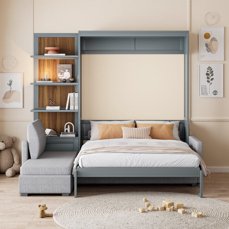 Grand lit escamotable mural avec canapé encastré et tablettes de rangement, mobilier peu encombrant pour petits espaces, finition grise