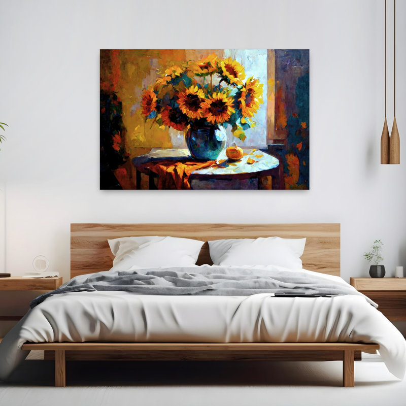 Art automnal, tournesols, vase bleu, contemporain, tournesol vibrant, art mural nature