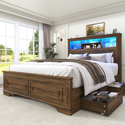 Farmhouse Queen Size Bed Frame With 51" Tall Storage Headboard & 4 Drawers, Wooden Queen Bed Frame with LED Light, Charging Station, No Spring Needed