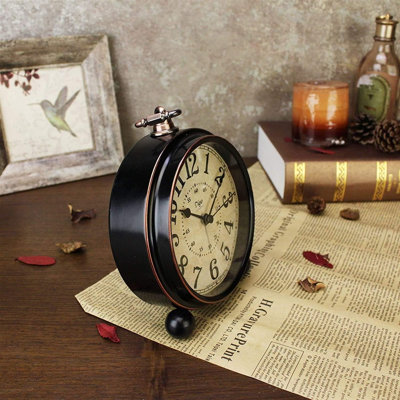 5.5 inch Black European Style Retro Silent Desk Alarm Clock Non-Ticking Whisper Battery Operated, HD Glass Face, Easy to Read for Indoor Décor