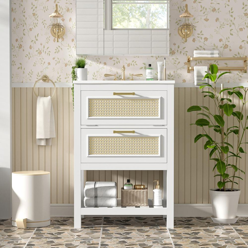 Meuble-lavabo 24 po avec lavabo en céramique intégré, Blanc, Doré