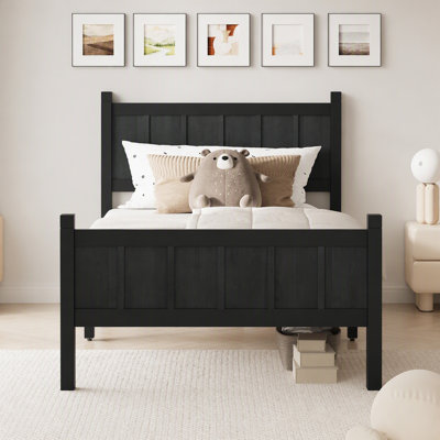 Twin Shaker Style Solid Wood Platform Bed, Flat Panel Headboard & Footboard, Black