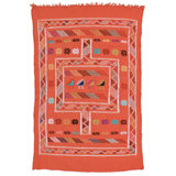 Tapis unique orange, blanc et bleu de 3 pi x 4 pi 9 po des années 1990