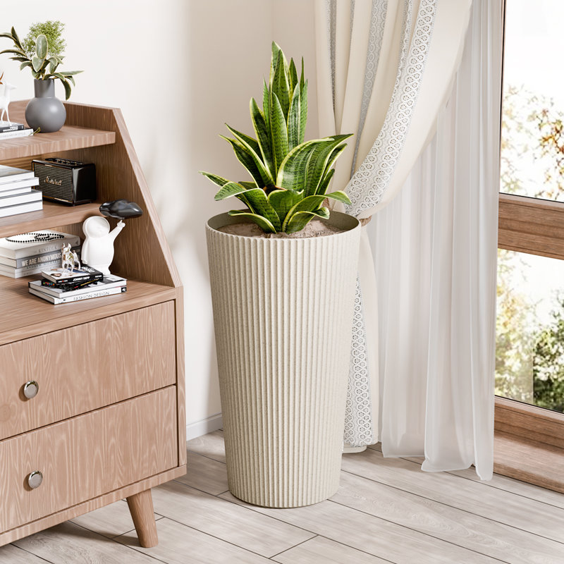 2 Pcs 23.6 Inch Tall Decorative Planter Pots For Outdoor Indoor Garden Patio Front Porch, Beige