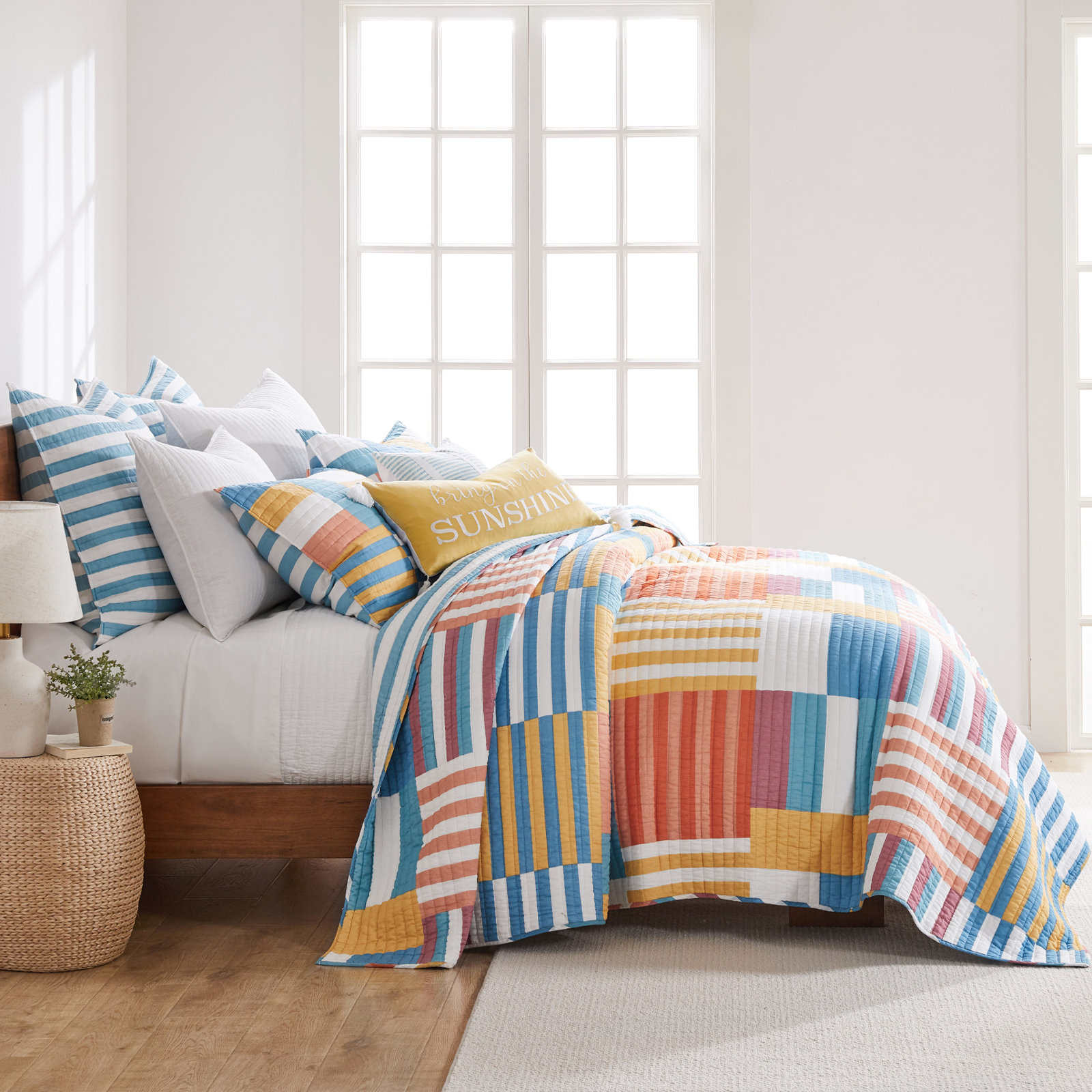 Sol Stripe Cotton Quilt Set, Full / Double Quilt + 2 Standard Shams