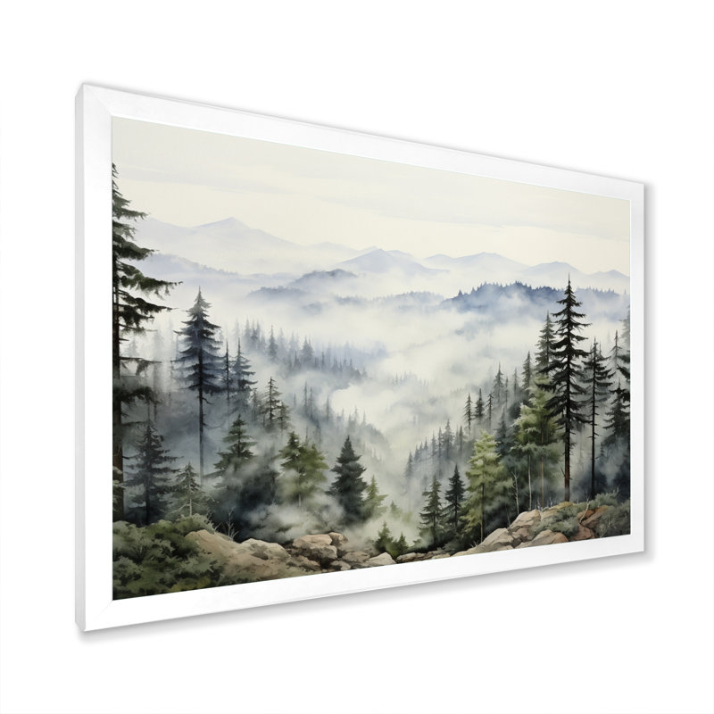 «Pine Tree Misty Mountain I», art sur toile de pin, H 30 po x l 40 po, Cadre photo unique, Blanc