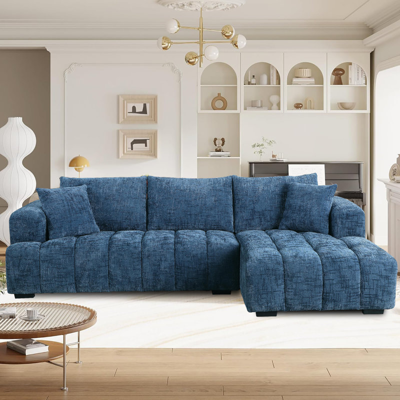 Modern Tufted Sectional Right-chaise Sofa , Orienté à droite, Chenille bleu, H 34,2 po x l 109,4 po x P 62,5 po