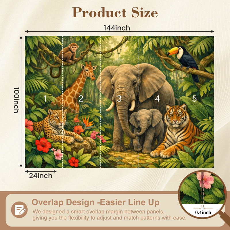 Papier peint auto-adhésif Jungle Wildlife Elephant Giraffe Tiger Leopard Toucan Monkey, L 144 po x l 100 po