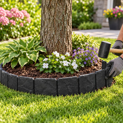 Ensemble de 28 bordures de jardin en fausse pierre, clôture paysagère noire à piquer pour parterres de fleurs