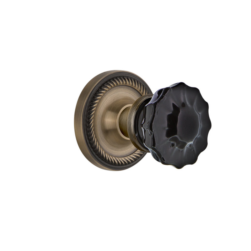 Rosette en corde avec bouton de porte noir cristal, Laiton antique