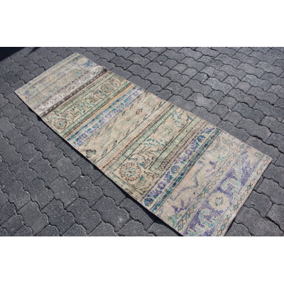 Vintage Green Turkish Patchwork Rug - Handmade Wool Runner for Bedroom or Hallway