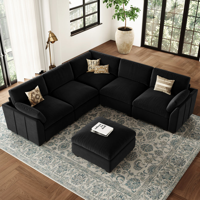 Canapé modulaire en L modulaire avec repose-pieds amovible, Velours noir