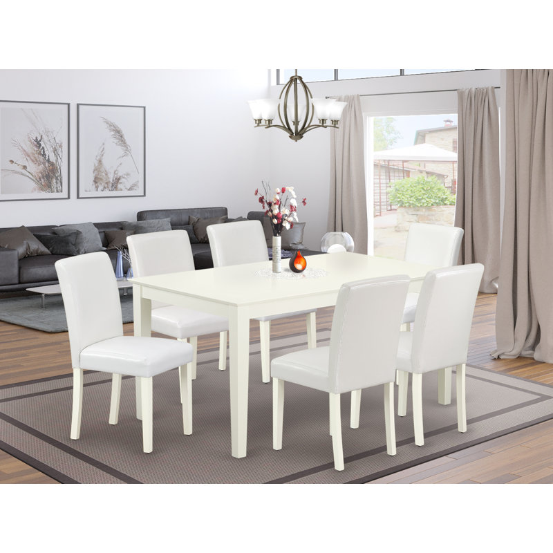 7 Piece Kitchen Table & Chairs Set Consist of a Rectangle Dining Room Table and 6 White Faux Leather Parsons Dining Chairs, 36x60 Inch, Linen White