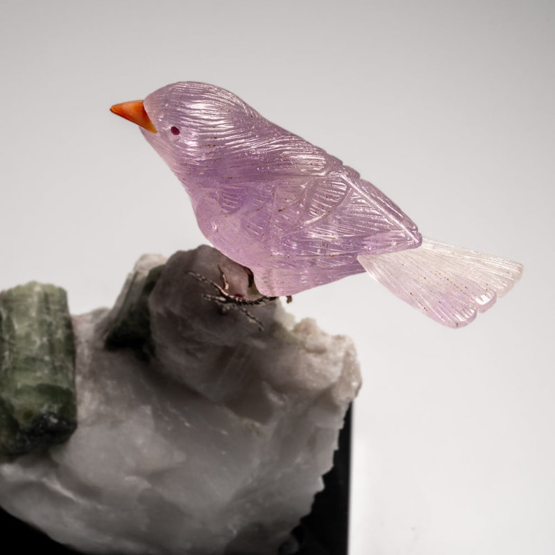 Genuine Polished Hand Carved Fluorite Finch On A Green Tourmaline In Quartz Matrix (5.5"H)