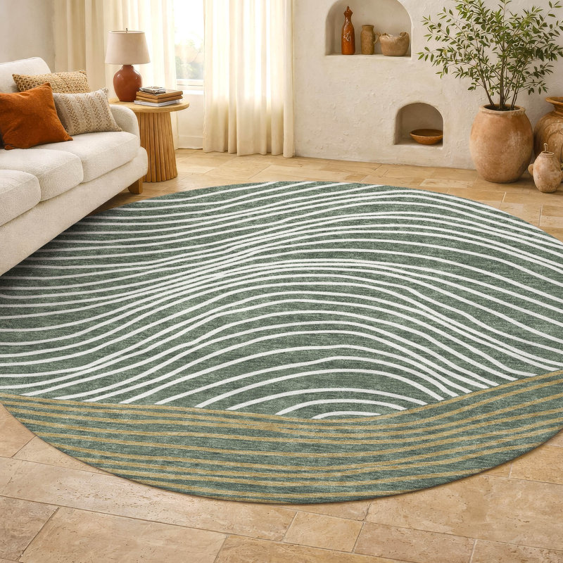 Premium Machine Washable Mayfield AMF2350 Stripes Rug, 8' Round, Basil