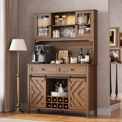 72" Farmhouse Bar Cabinet with Sliding Barn Door and Hutch - Large Buffet with Wine Storage, Coffee Bar, Charging Station, 2 Drawers, 8 Shelves, LED Lighting - Dining Room Furniture, Walnut