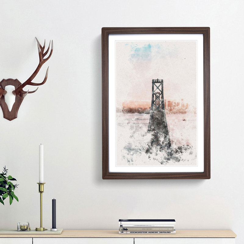 Bridge In San Francisco Watercolour - Picture Frame Graphic Art, 45cm H x 33cm W x 2cm D, Walnut Framed