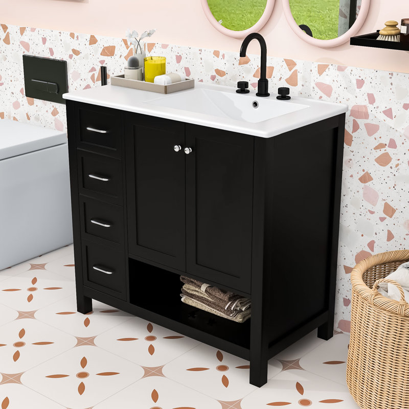 Meuble-lavabo à tiroir avec lavabo en céramique, tablette ouverte et armoire de rangement, Noir