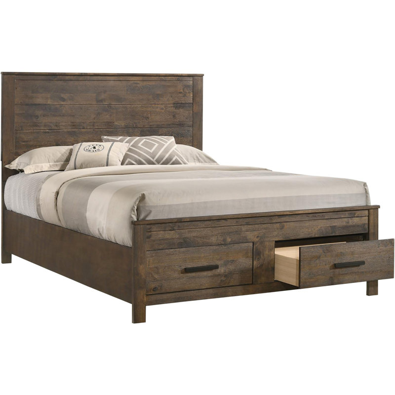 Grand lit rustique brun doré avec rangement pratique et belle surface de sommeil confortable