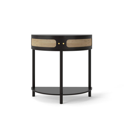 Unique Half Moon Design End Table with Sliding Rattan Door,Elegant Semi-circle Entryway Console Table with 2 Rattan Storage Cabinet and Bottom Shelf