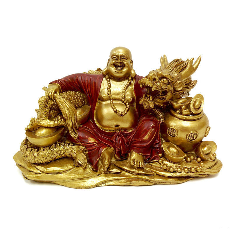 Figurine Bouddha heureux avec dragon et richesses