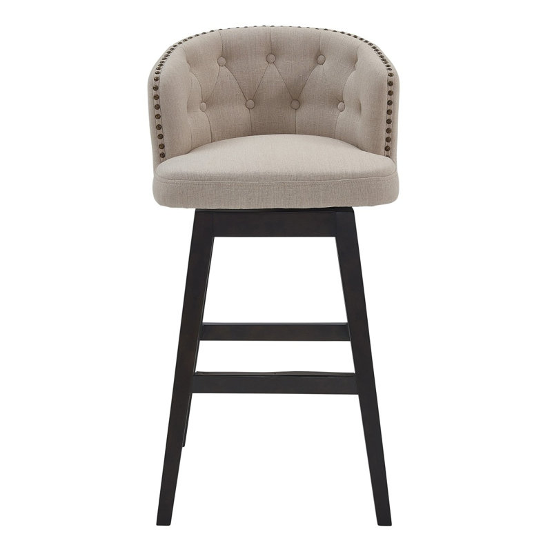Tabouret de comptoir pivotant en tissu capitonné 26 po, pieds en bois inclinés
