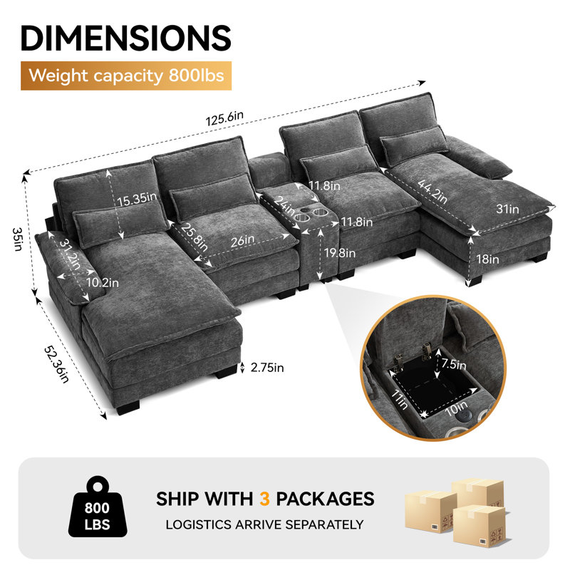 125.6'' U Shaped Sectional Sofa with Chaise Lounges, Storage Console, USB Charging Ports, Cup Holders, Chenille
