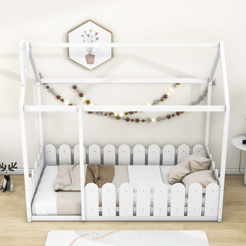 Buteau Twin Size House Bed with Fence, White