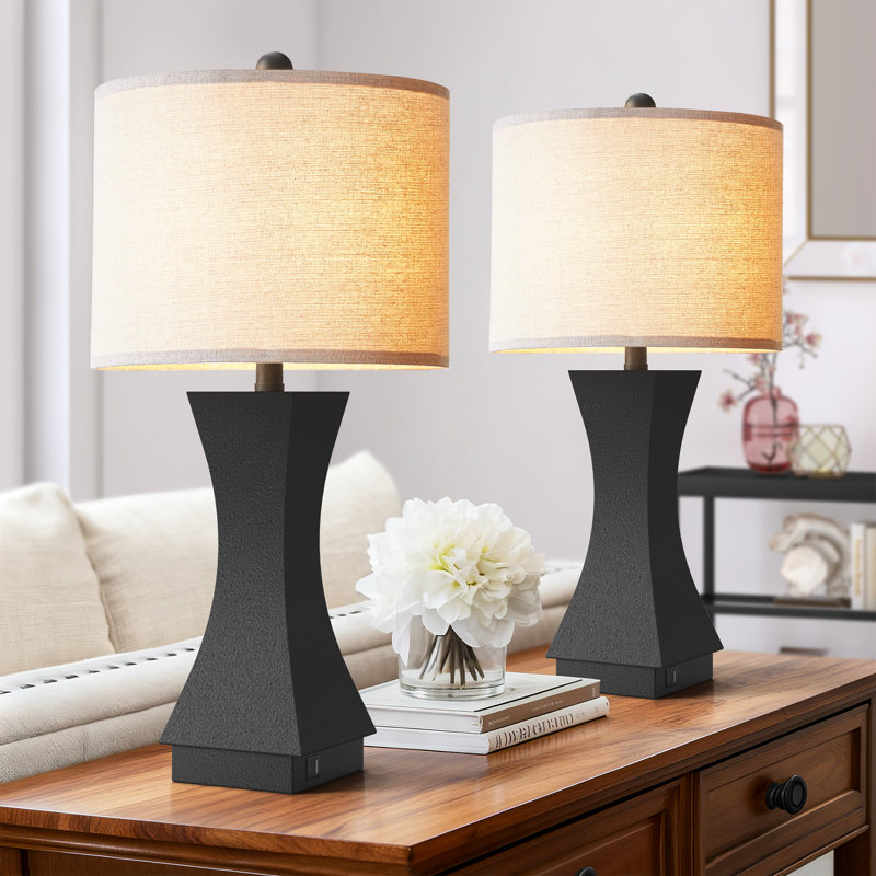 Lampe de table moderne en résine à intensité variable 24,5 po avec port USB, Noir