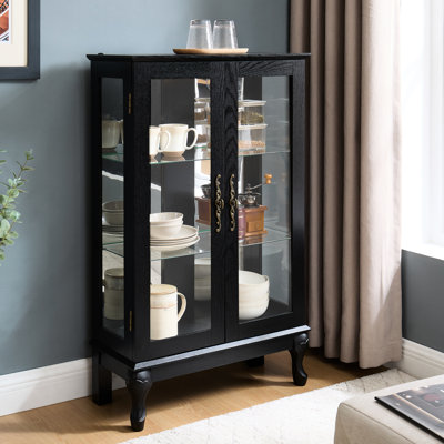 Vitrine rétro américaine avec portes en verre trempé, fond miroir et étagères réglables, idéale pour la décoration de bureau ou d'intérieur. Étagères noires avec éclairage intégré.