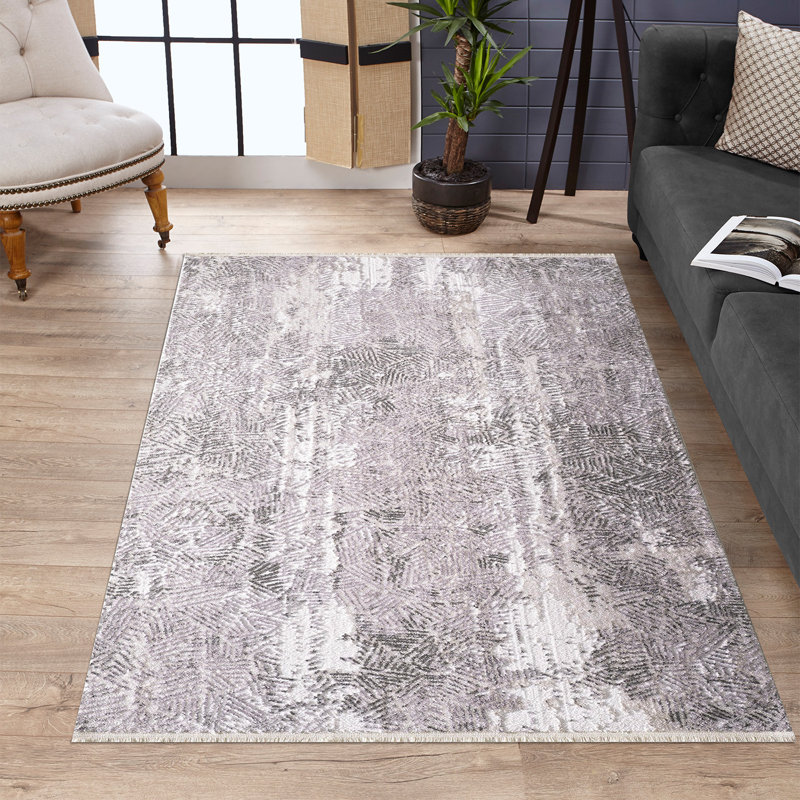 Tapis gris en polyester tissé à la machine Feodora, Rectangle 2 pi 7 po x 4 pi 11 po