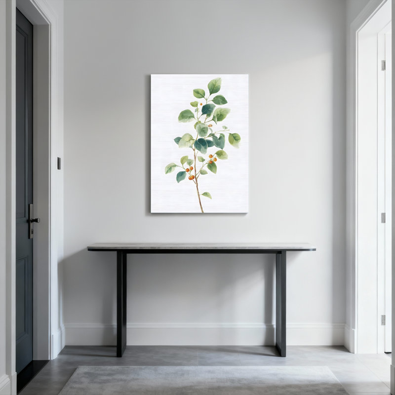 Ensemble de 1 tableau mural aquarelle sur toile tendue représentant des feuilles et des baies botaniques, H 18 po x l 12 po