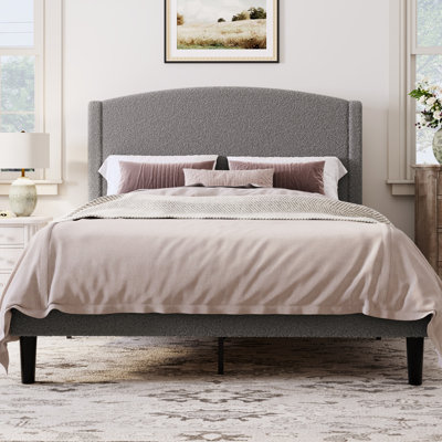 Chic Teddy Fleece Upholstered Platform Bed With Curve-Shaped Headboard, Modern Soft Boucle Fabric Bed Frame, Solid Wood Slat Support, No Box Spring Needed