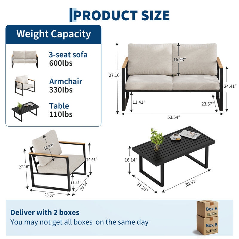 Ensemble de mobilier de patio beige 4 pièces | Canapé d'angle extérieur résistant aux intempéries | Coussins d'accoudoirs anti-brûlure en bois | Idéal pour jardin, balcon, véranda, terrasse
