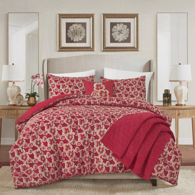 Ensemble d'édredon luxueux en jacquard floral rouge 5 pièces avec coussin décoratif et grand