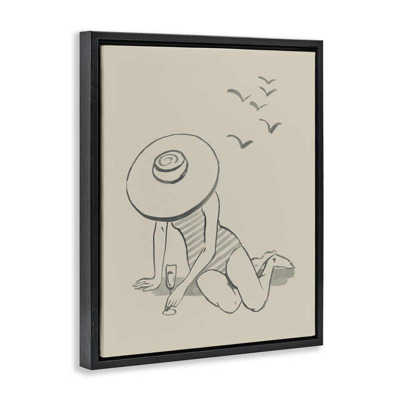 Fille sur la plage, croquis, art mural encadré par Grace Popp, Cadre flottant noir de jais, H 21 po x l 17 po
