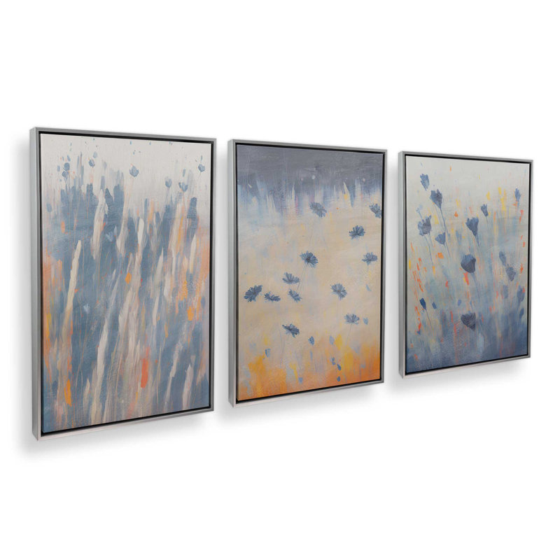 Ensemble de 3 fleurs bleues montantes, H 19 po x l 39 po, Cadre flottant en chrome poli