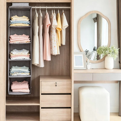 Hanging Closet Organizer 5 Shelf, 10.24"L x 10.24"W x 39.46"H , Each Compartment Height 7.48 in, Linen Fabric Storage with PP Board, Space Saving