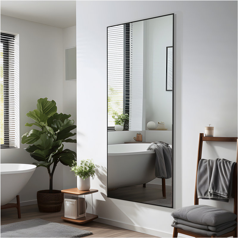Lensa Rectangle Metal Full Length Wall Mirror with Embedded Bracket, 71" x 39", Black