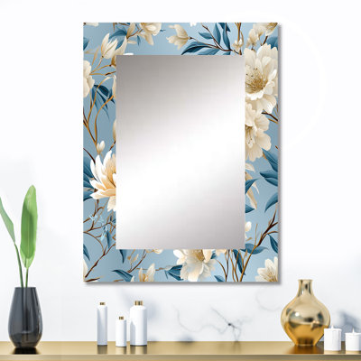 Blanc et bleu oiseau Serenade floral - grand miroir mural floral, miroir décoratif de chalet, impression d'art en métal