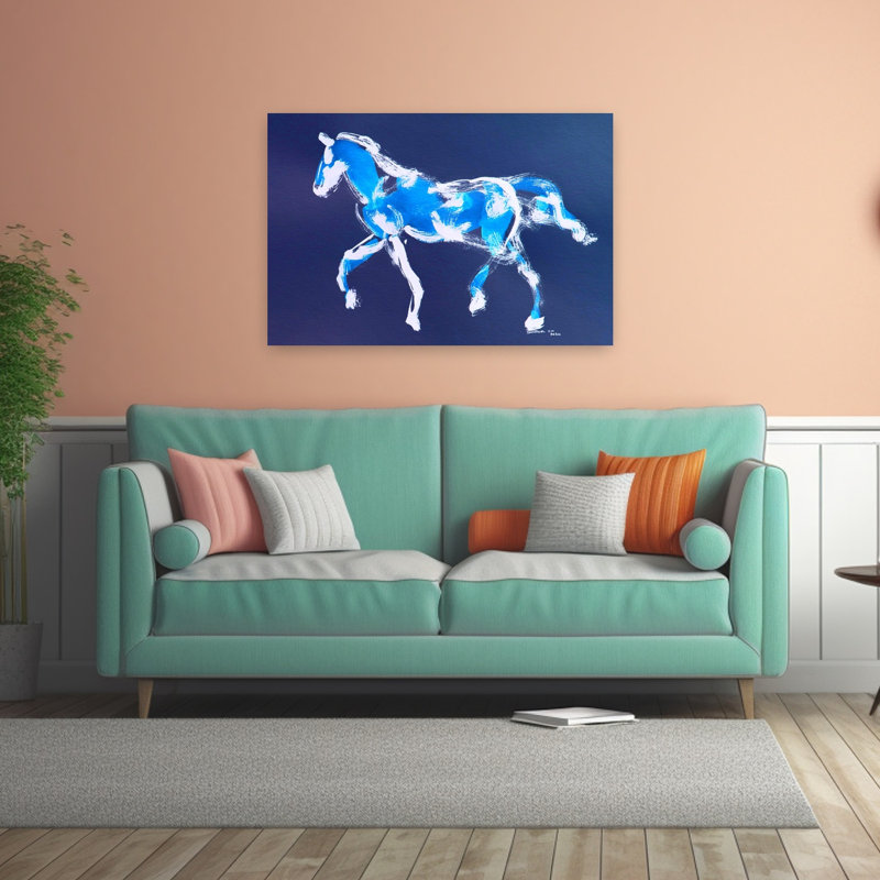 «Blue Horse Energy», reproduction d'art abstrait cheval contemporain, 32" H x 48" W