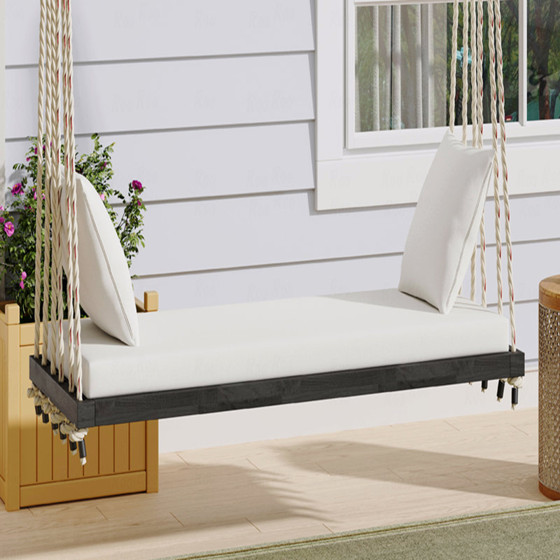 Outdoor Patio Wooden Swing Chair, Hanging Porch Swing Bench With Cushion And Pillows, 10.8Ft Hemp Ropes, Beige, Brown