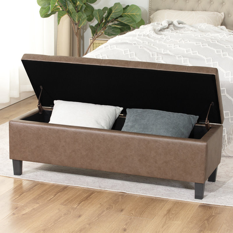45" Tufted Faux Leather Storage Bench Ottoman For Living Room, Light Brown